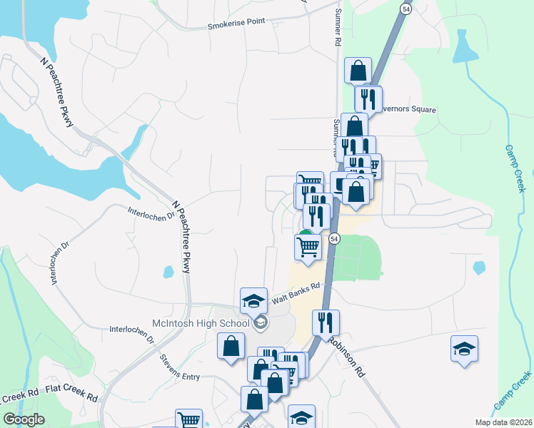 map of restaurants, bars, coffee shops, grocery stores, and more near 131 Maple Grove Terrace in Peachtree City