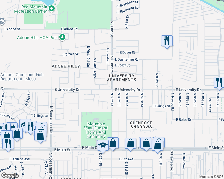 map of restaurants, bars, coffee shops, grocery stores, and more near E University Dr & N 80th St in Mesa