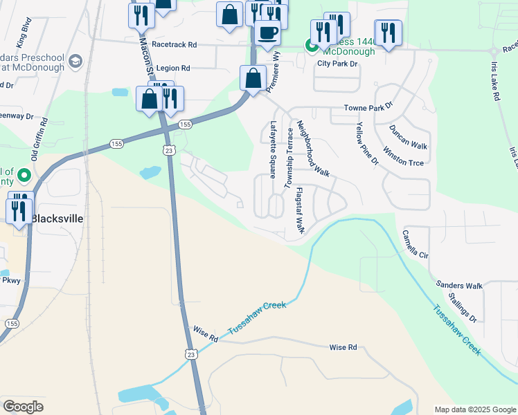 map of restaurants, bars, coffee shops, grocery stores, and more near 1705 New Orleans Way in McDonough