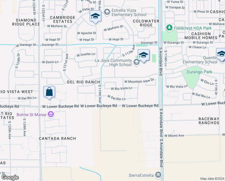 map of restaurants, bars, coffee shops, grocery stores, and more near 11709 West Rio Vista Lane in Avondale