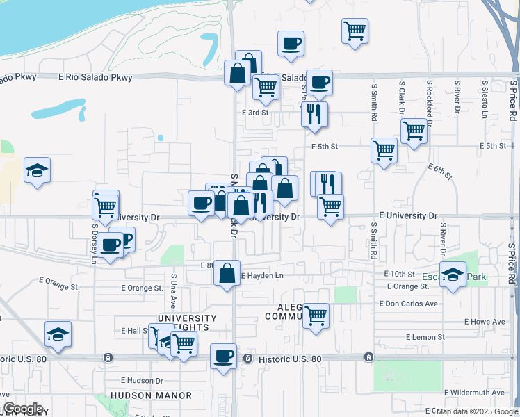 map of restaurants, bars, coffee shops, grocery stores, and more near 1840 East University Drive in Tempe