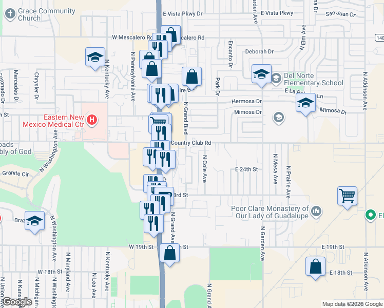 map of restaurants, bars, coffee shops, grocery stores, and more near 200 East Country Club Road in Roswell