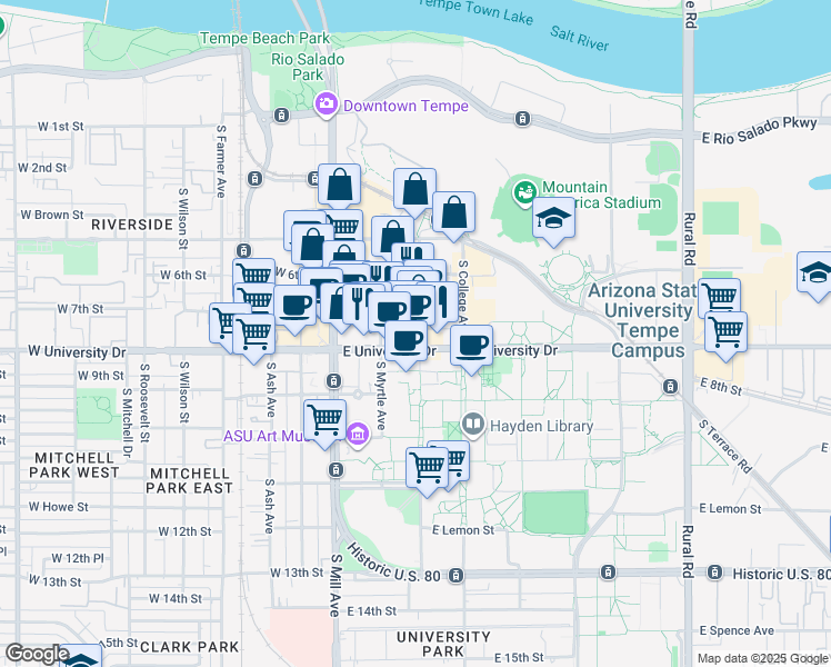 map of restaurants, bars, coffee shops, grocery stores, and more near 712 South Forest Avenue in Tempe