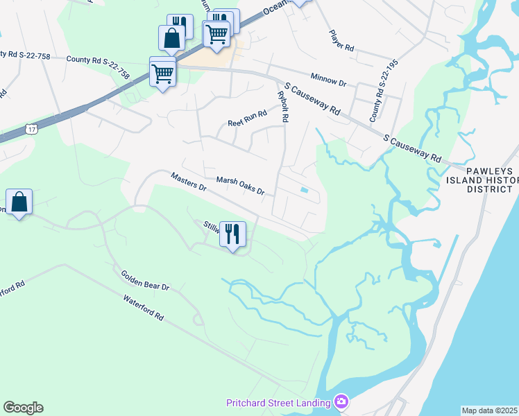 map of restaurants, bars, coffee shops, grocery stores, and more near 19 Harpoon Place in Pawleys Island