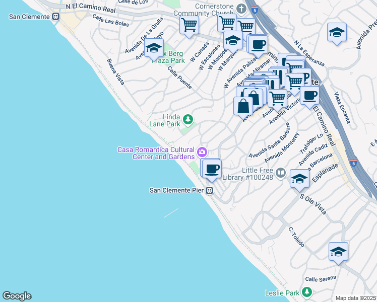 map of restaurants, bars, coffee shops, grocery stores, and more near 409 Arenoso Lane in San Clemente