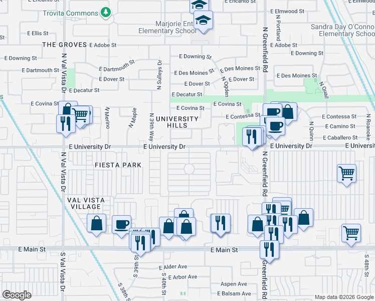 map of restaurants, bars, coffee shops, grocery stores, and more near 405 North Norwalk in Mesa