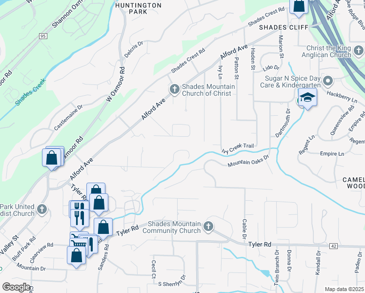 map of restaurants, bars, coffee shops, grocery stores, and more near 2228 Larkspur Drive in Birmingham