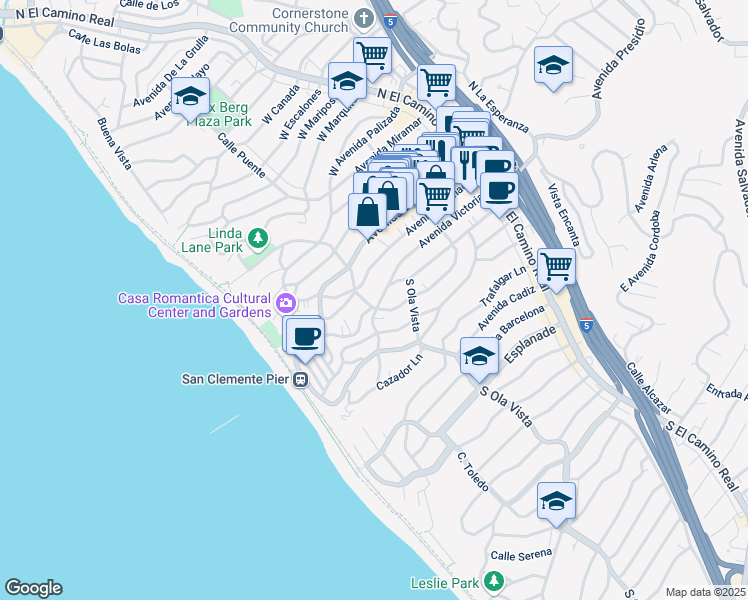 map of restaurants, bars, coffee shops, grocery stores, and more near 258 Avenida Victoria in San Clemente