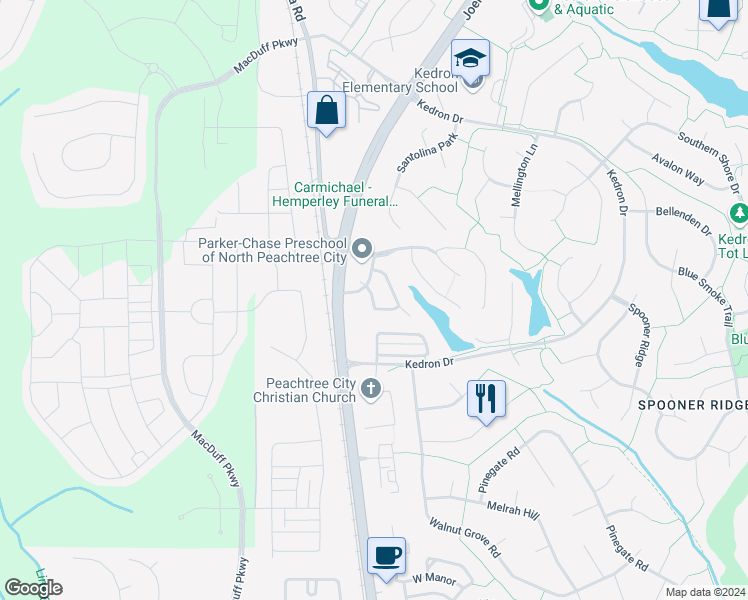 map of restaurants, bars, coffee shops, grocery stores, and more near Lenox Drive in Peachtree City