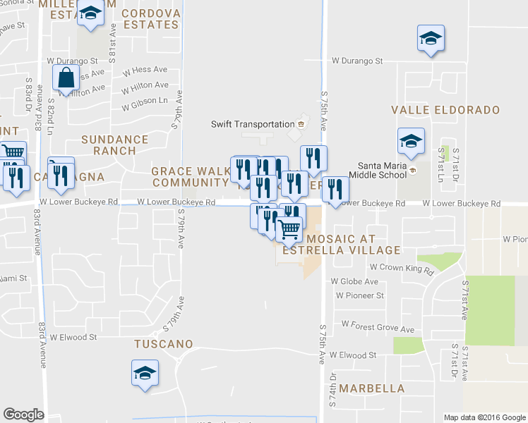 map of restaurants, bars, coffee shops, grocery stores, and more near 7665 W Lower Buckeye Rd in Phoenix