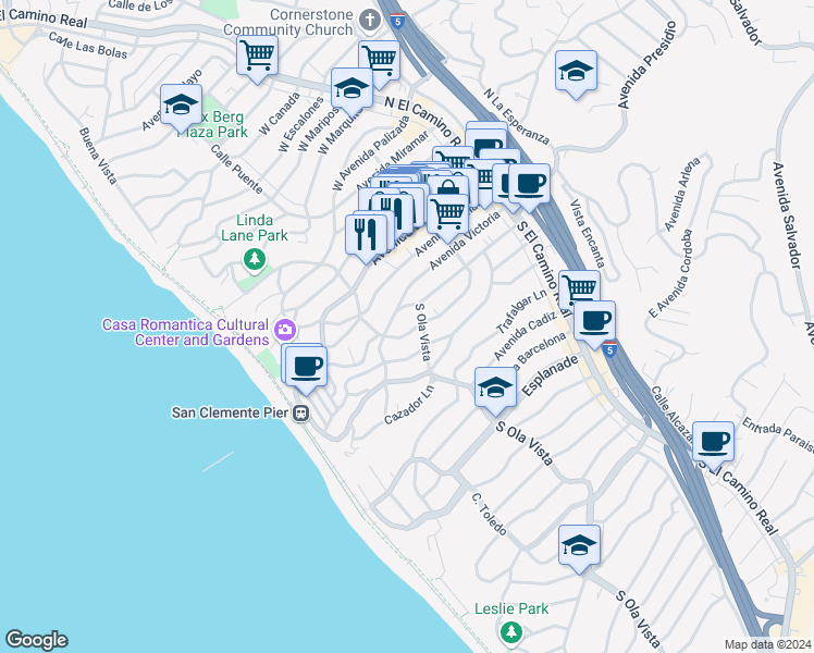 map of restaurants, bars, coffee shops, grocery stores, and more near 310 Avenida Santa Barbara in San Clemente