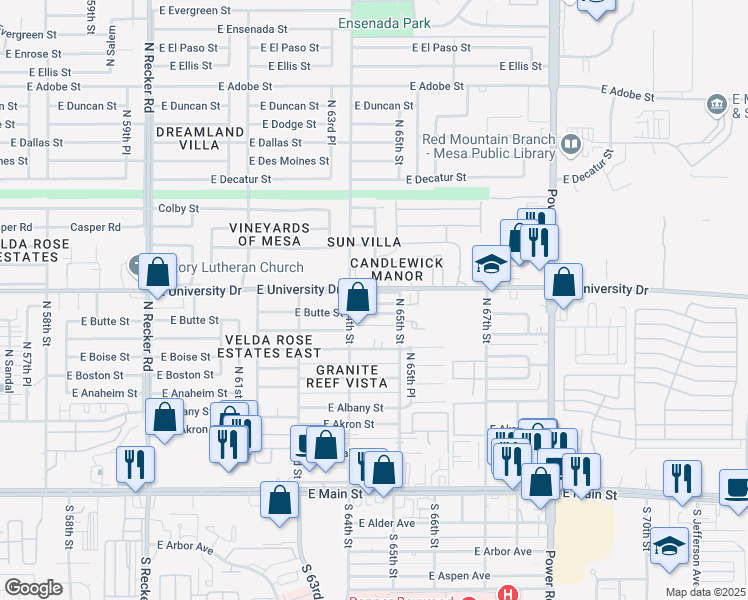 map of restaurants, bars, coffee shops, grocery stores, and more near 36 Candlewick Manor Apartment in Mesa