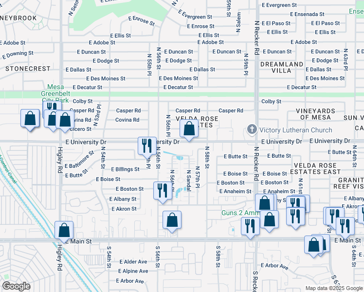 map of restaurants, bars, coffee shops, grocery stores, and more near 5708 East University Drive in Mesa
