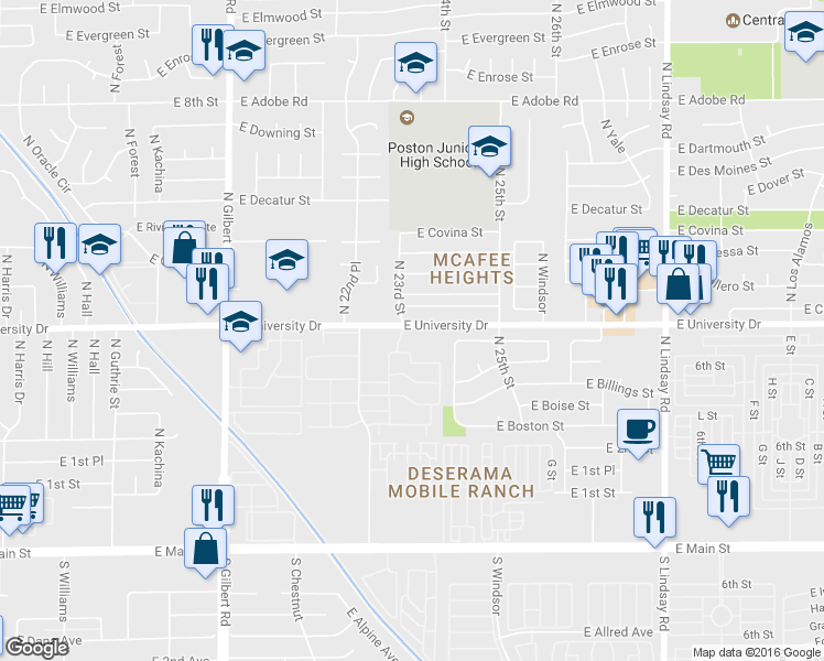 map of restaurants, bars, coffee shops, grocery stores, and more near 2301 East University Drive in Mesa