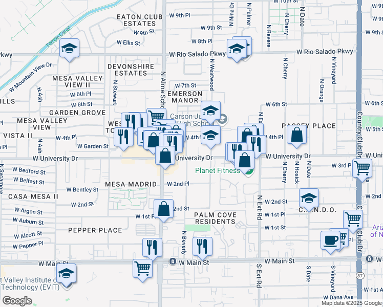 map of restaurants, bars, coffee shops, grocery stores, and more near 1043 West 4th Place in Mesa