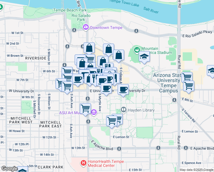 map of restaurants, bars, coffee shops, grocery stores, and more near 113 East 7th Street in Tempe