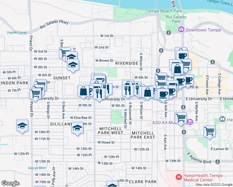 map of restaurants, bars, coffee shops, grocery stores, and more near 3657 West 7th Street in Tempe