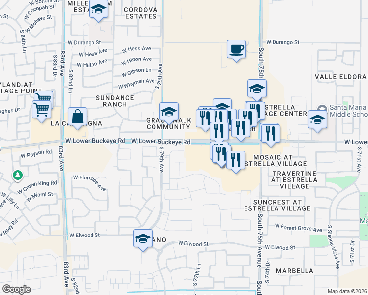 map of restaurants, bars, coffee shops, grocery stores, and more near 7836 West Lower Buckeye Road in Phoenix