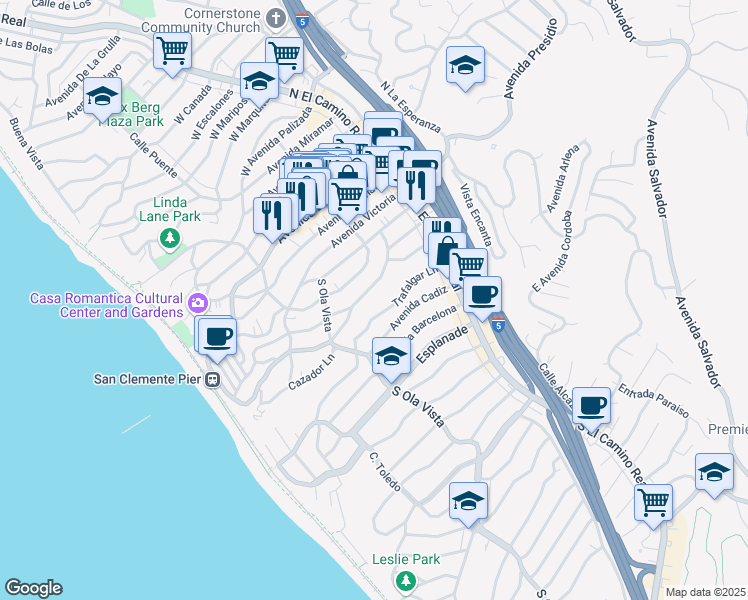 map of restaurants, bars, coffee shops, grocery stores, and more near 231 Avenida Santa Barbara in San Clemente