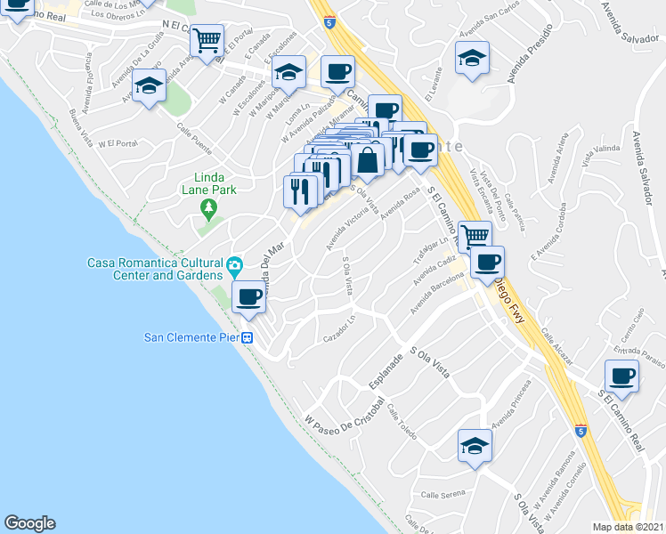 map of restaurants, bars, coffee shops, grocery stores, and more near 401 South Ola Vista in San Clemente