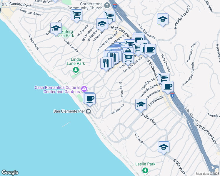 map of restaurants, bars, coffee shops, grocery stores, and more near 258 Avenida Victoria in San Clemente