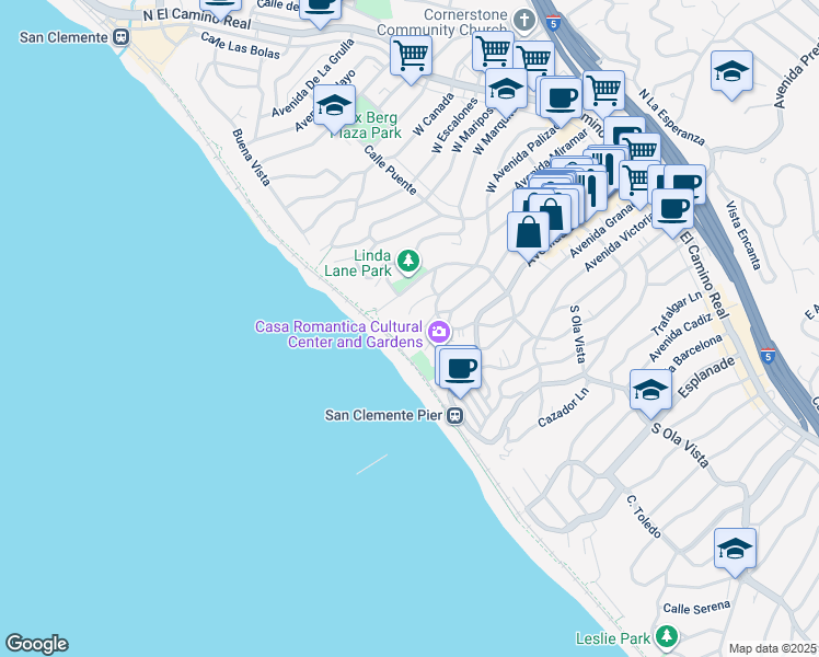 map of restaurants, bars, coffee shops, grocery stores, and more near 409 Arenoso Lane in San Clemente