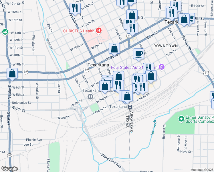 map of restaurants, bars, coffee shops, grocery stores, and more near 501-599 W 5th St in Texarkana