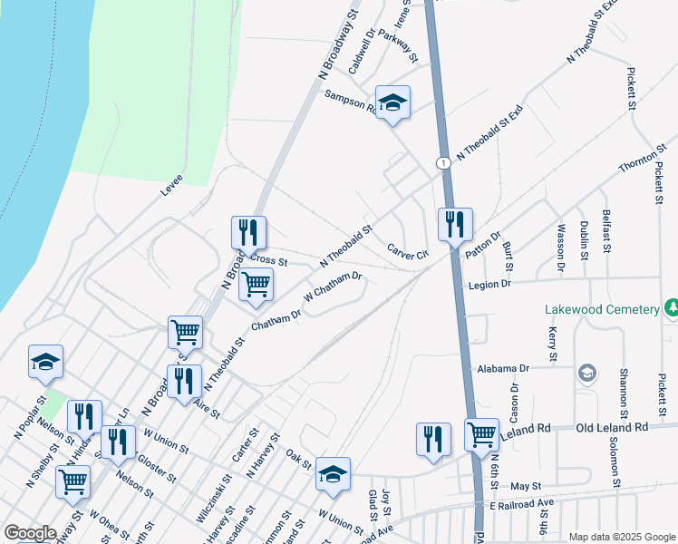 map of restaurants, bars, coffee shops, grocery stores, and more near 865-897 North Theobald Street in Greenville