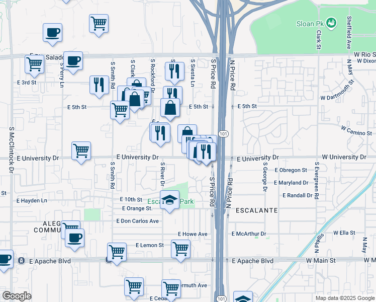 map of restaurants, bars, coffee shops, grocery stores, and more near 2150 East University Drive in Tempe