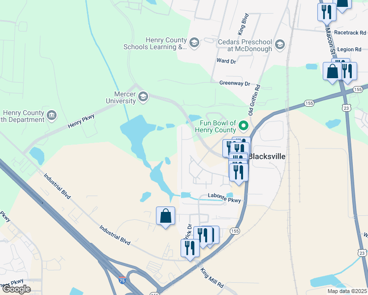 map of restaurants, bars, coffee shops, grocery stores, and more near 227 Long Drive in McDonough