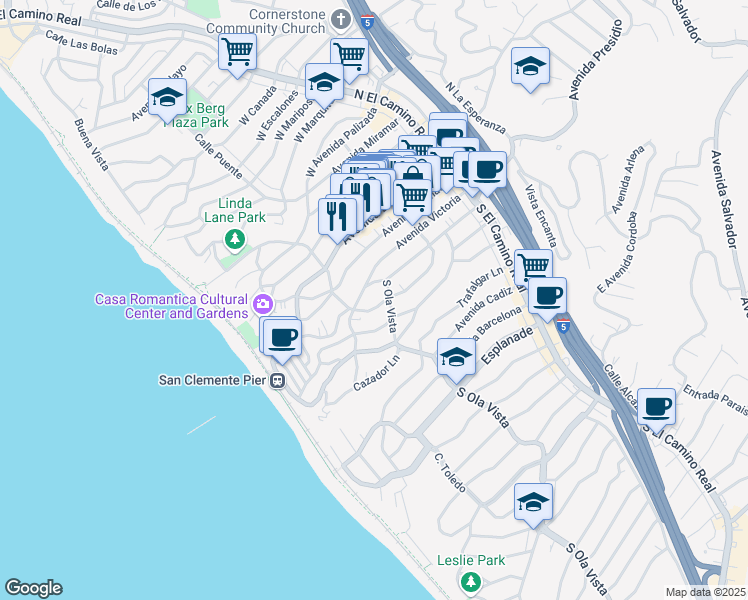 map of restaurants, bars, coffee shops, grocery stores, and more near 310 Avenida Santa Barbara in San Clemente
