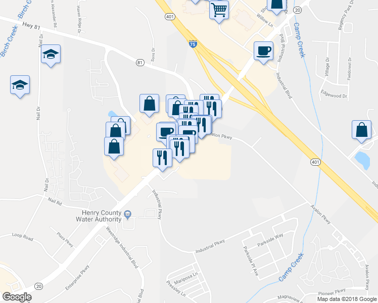 map of restaurants, bars, coffee shops, grocery stores, and more near 1407 Highway 20 in McDonough