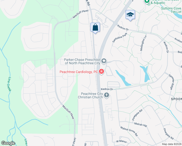 map of restaurants, bars, coffee shops, grocery stores, and more near 101 McWilliams Drive in Peachtree City