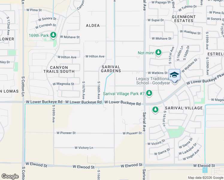 map of restaurants, bars, coffee shops, grocery stores, and more near 16521 West Magnolia Street in Goodyear
