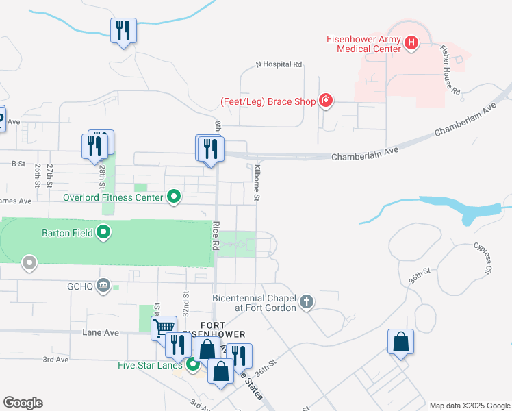 map of restaurants, bars, coffee shops, grocery stores, and more near 25719 Barnes Avenue in Augusta