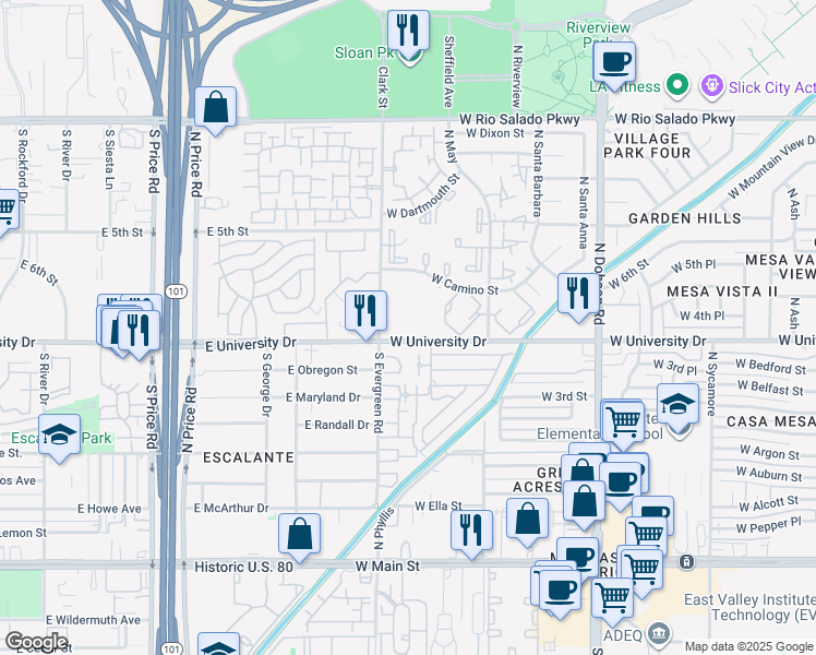 map of restaurants, bars, coffee shops, grocery stores, and more near 2354 West University Drive in Mesa