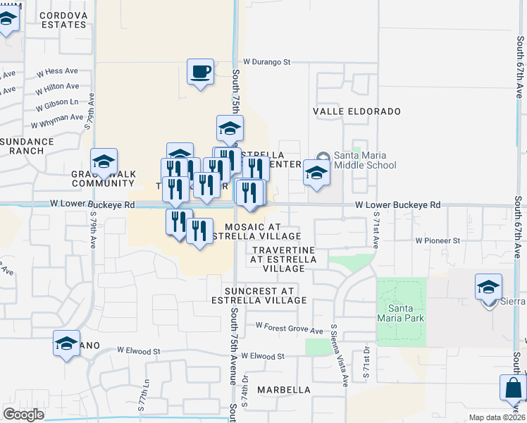 map of restaurants, bars, coffee shops, grocery stores, and more near 7450 West Lower Buckeye Road in Phoenix