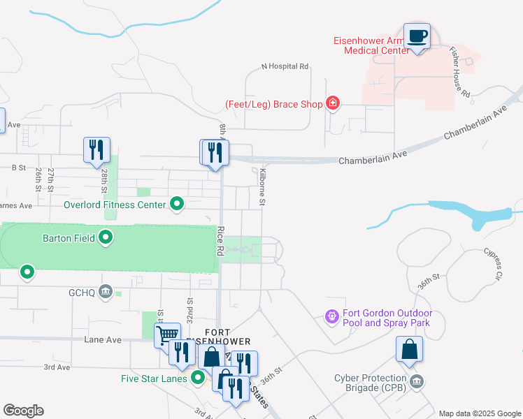 map of restaurants, bars, coffee shops, grocery stores, and more near 25719 Barnes Avenue in Augusta