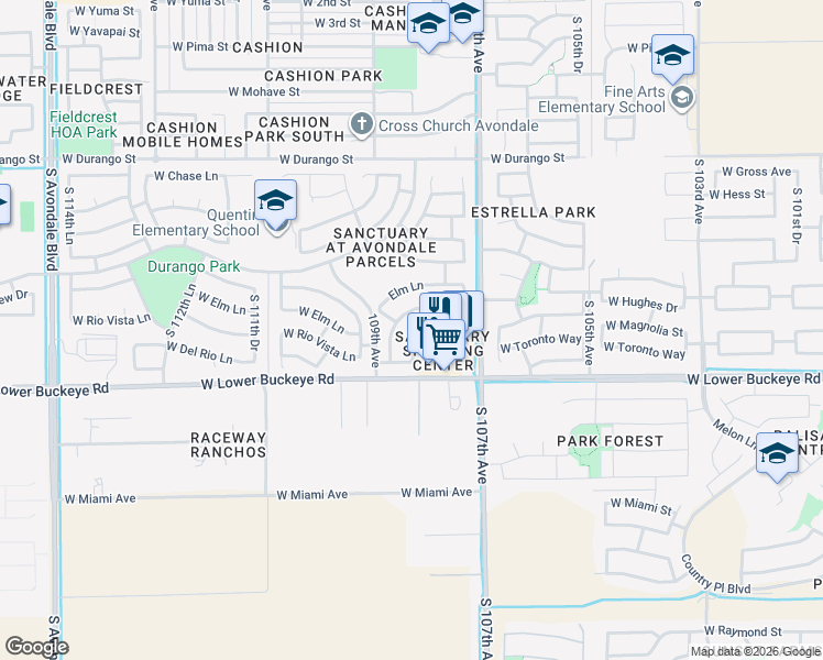 map of restaurants, bars, coffee shops, grocery stores, and more near 10798 West Del Rio Lane in Avondale
