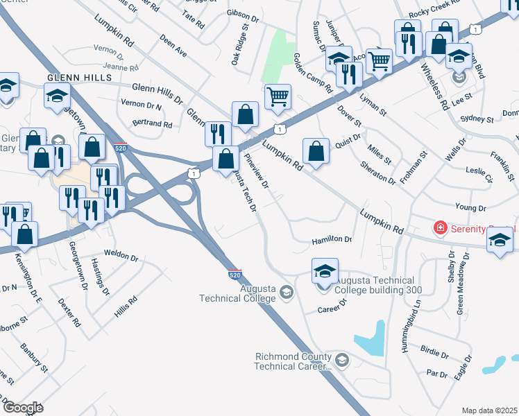 map of restaurants, bars, coffee shops, grocery stores, and more near 2535 1/2 Pineview Drive in Augusta