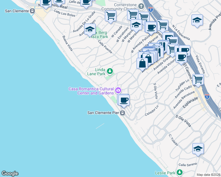 map of restaurants, bars, coffee shops, grocery stores, and more near 410 Corto Lane in San Clemente