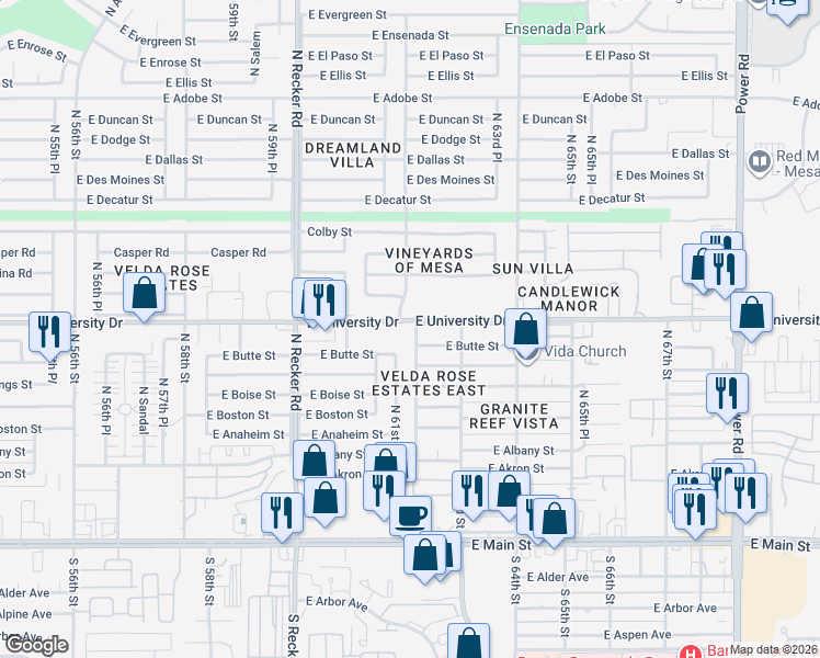map of restaurants, bars, coffee shops, grocery stores, and more near 356 North 62nd Street in Mesa