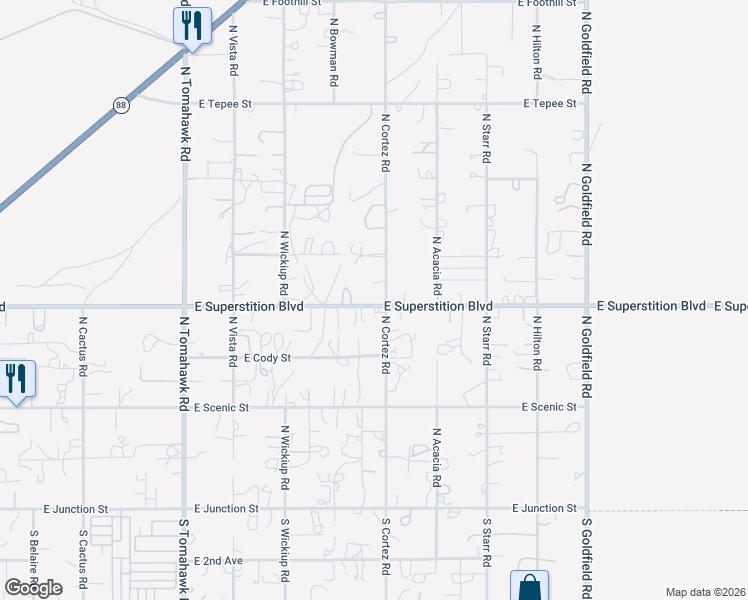 map of restaurants, bars, coffee shops, grocery stores, and more near 850 North Cortez Road in Apache Junction