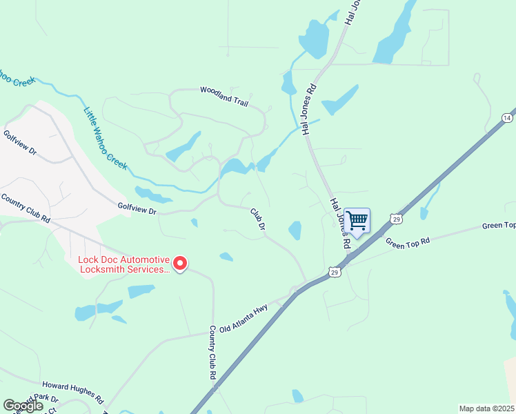 map of restaurants, bars, coffee shops, grocery stores, and more near 5 Golf Club Drive in Newnan