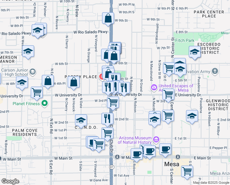 map of restaurants, bars, coffee shops, grocery stores, and more near 424 Arizona 87 in Mesa
