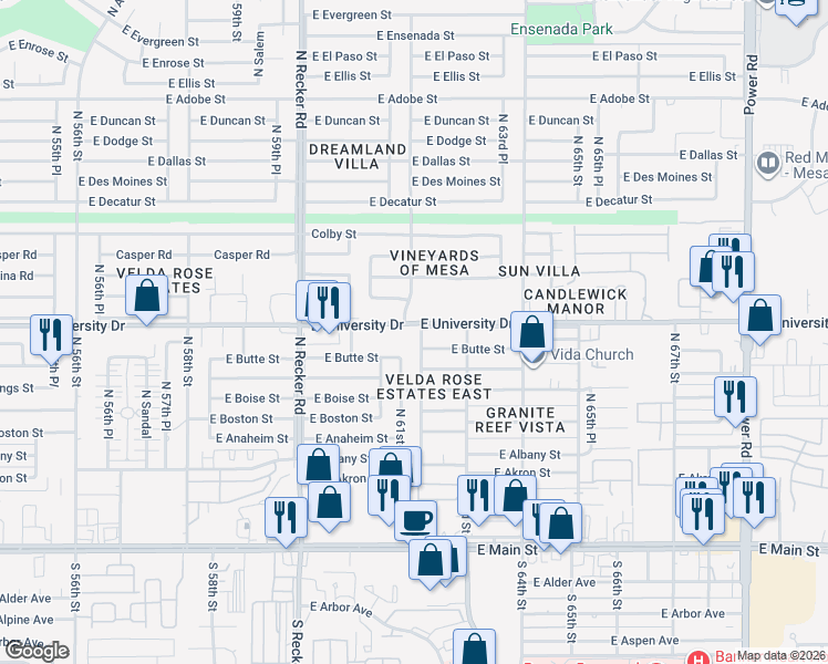 map of restaurants, bars, coffee shops, grocery stores, and more near 356 North 62nd Street in Mesa