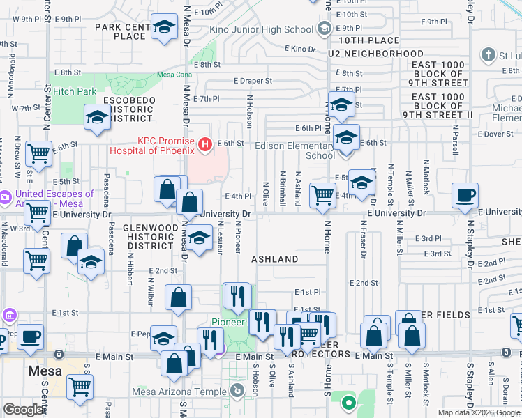 map of restaurants, bars, coffee shops, grocery stores, and more near 417 North Olive in Mesa