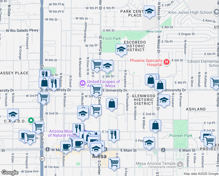 map of restaurants, bars, coffee shops, grocery stores, and more near 419 North Lewis in Mesa
