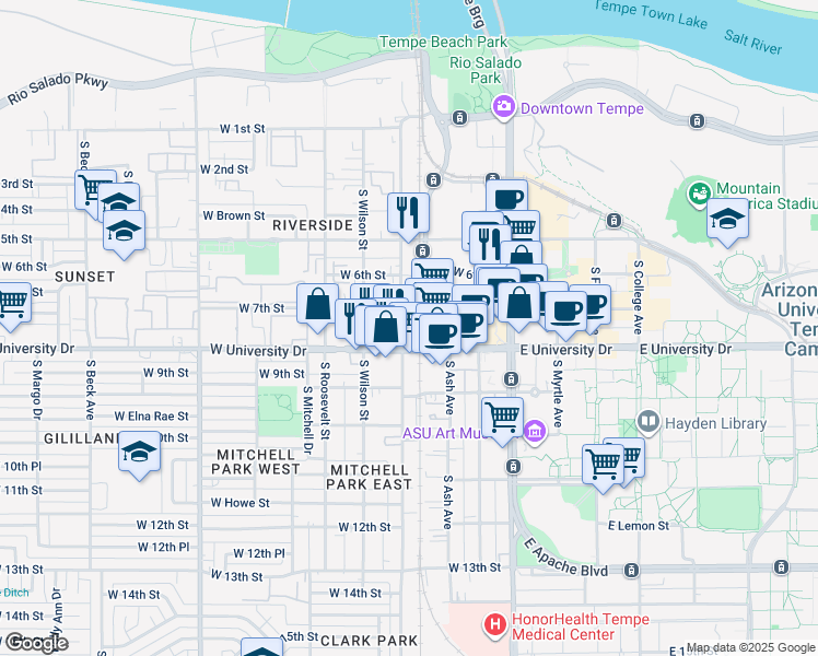 map of restaurants, bars, coffee shops, grocery stores, and more near 655S Ash Avenue in Tempe