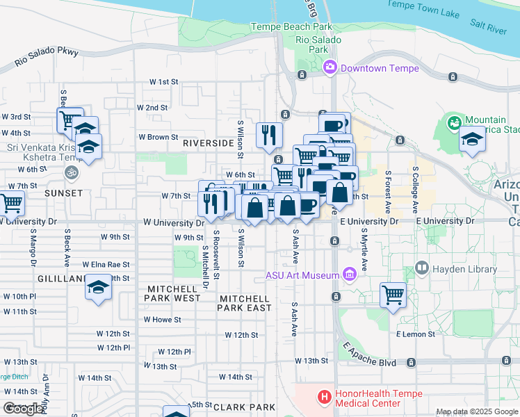 map of restaurants, bars, coffee shops, grocery stores, and more near 407 West 7th Street in Tempe